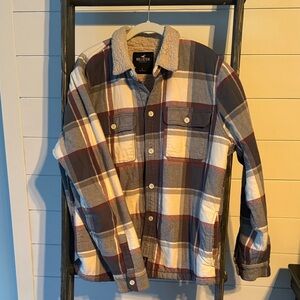 Hollister Plaid Sherpa Collar Shacket - Gray, White & Burgundy